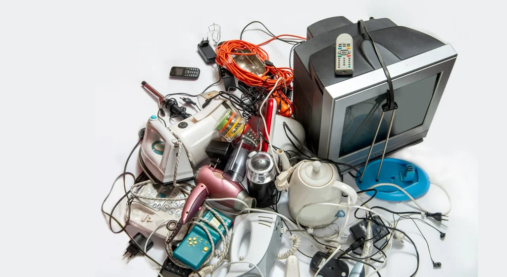 a large collection of assorted used small electrical devices in a pile on the floor - against a white background