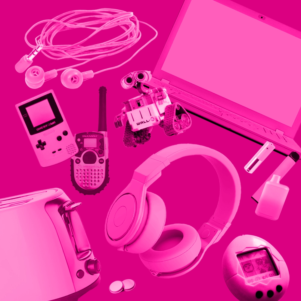 Floating electrical items, including Wall-E, in a pink haze against a bright pink backdrop.