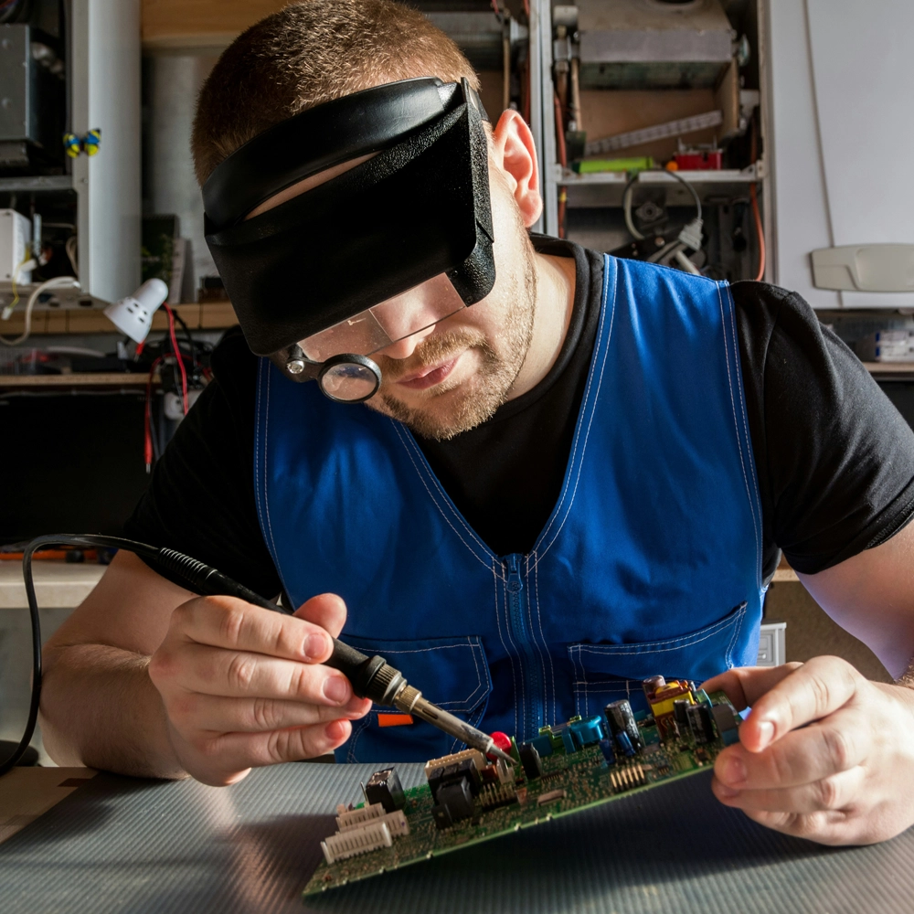 Light skinned man fixing a circuit board in a workshop, he's wearing a magnifying visor and holding a soldering iron in one hand and the circuit board tilted in the other.