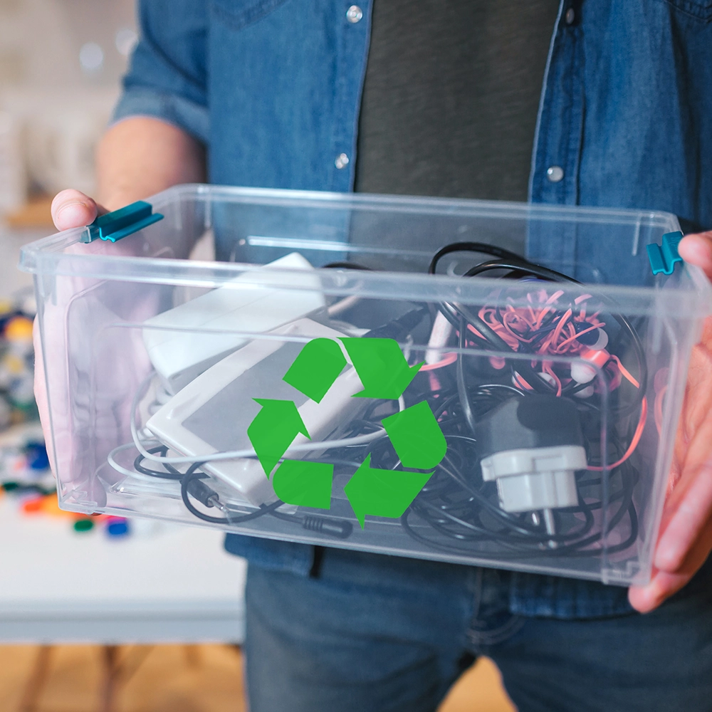 A light skinned man holding a see through plastic box full of electrical goods with a green recycle logo on the front.