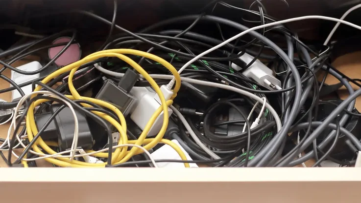 a top shot of an open drawer full of cables and old electricals