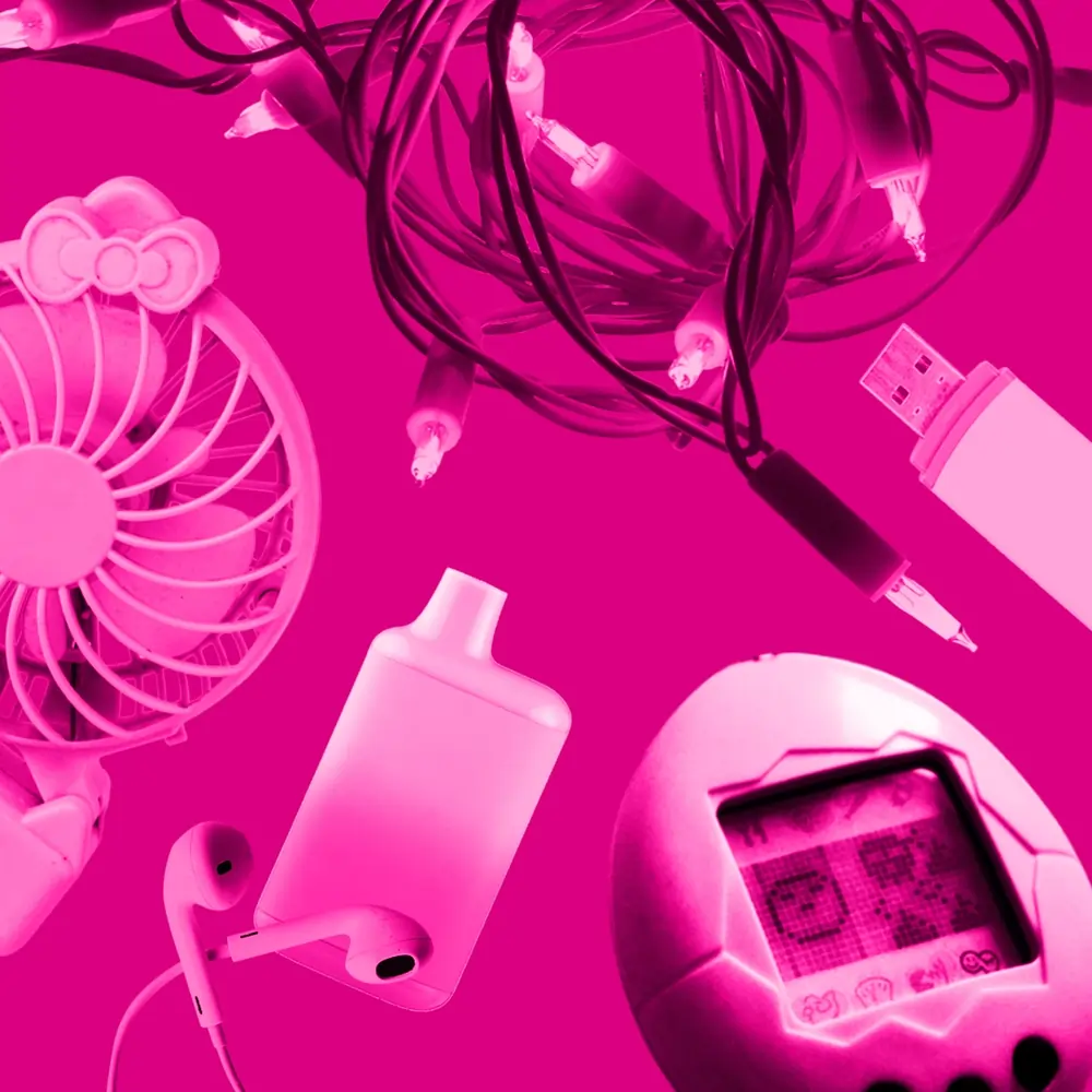 various small electrical items on a pink background