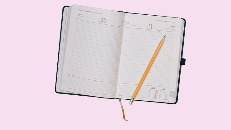 an open diary with a pen lying on one page against a pink background