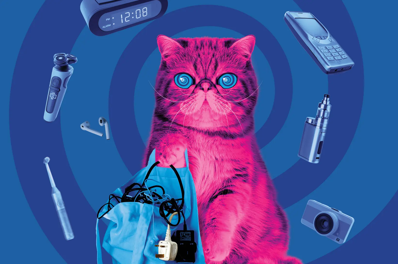 HypnoCat - a pink fluffy persian cat sitting holding a bag of old electricals with a blue swirling background and various small electrical devices swirling around his head