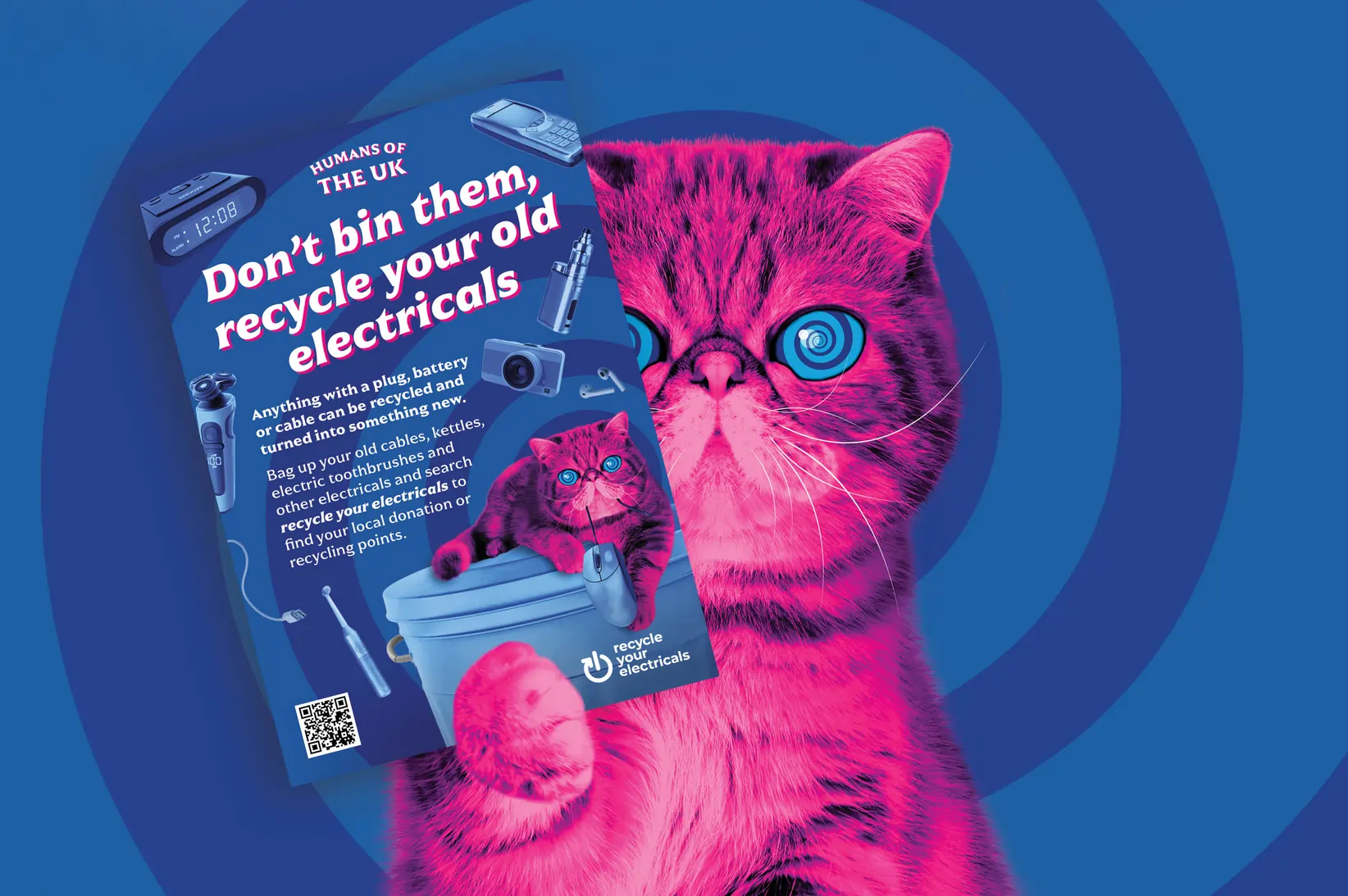 HypnoCat the pink fluffy persian recycling cat holding up a poster for recycling on a swirling blue background