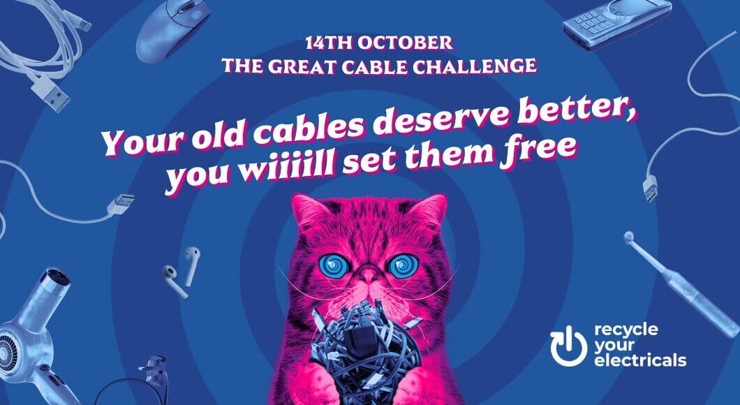 Recycle Your Electricals' brand mascot HypnoCat holding ball of cables with header text reading 'Your old cables deserve better, you wiiiill set them free'