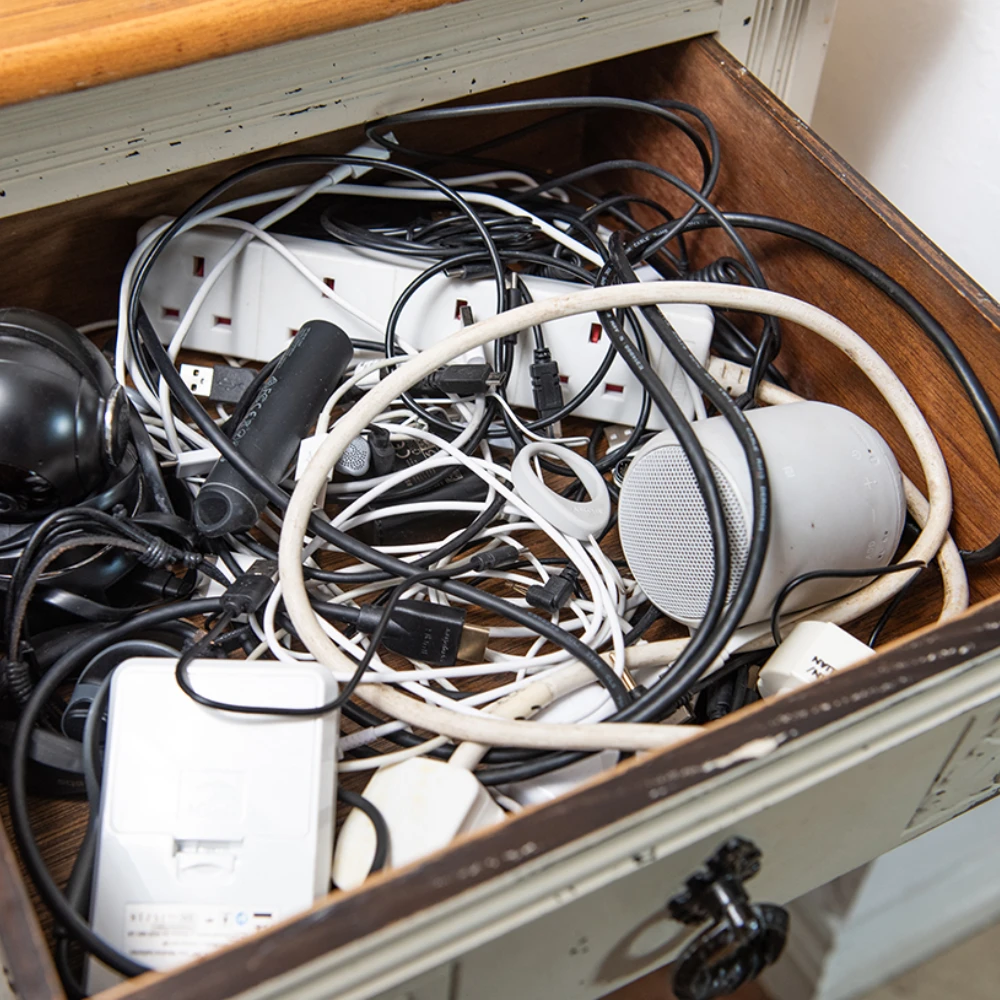 a top down shot of an open drawer stuffed full of electrical cables and accessories