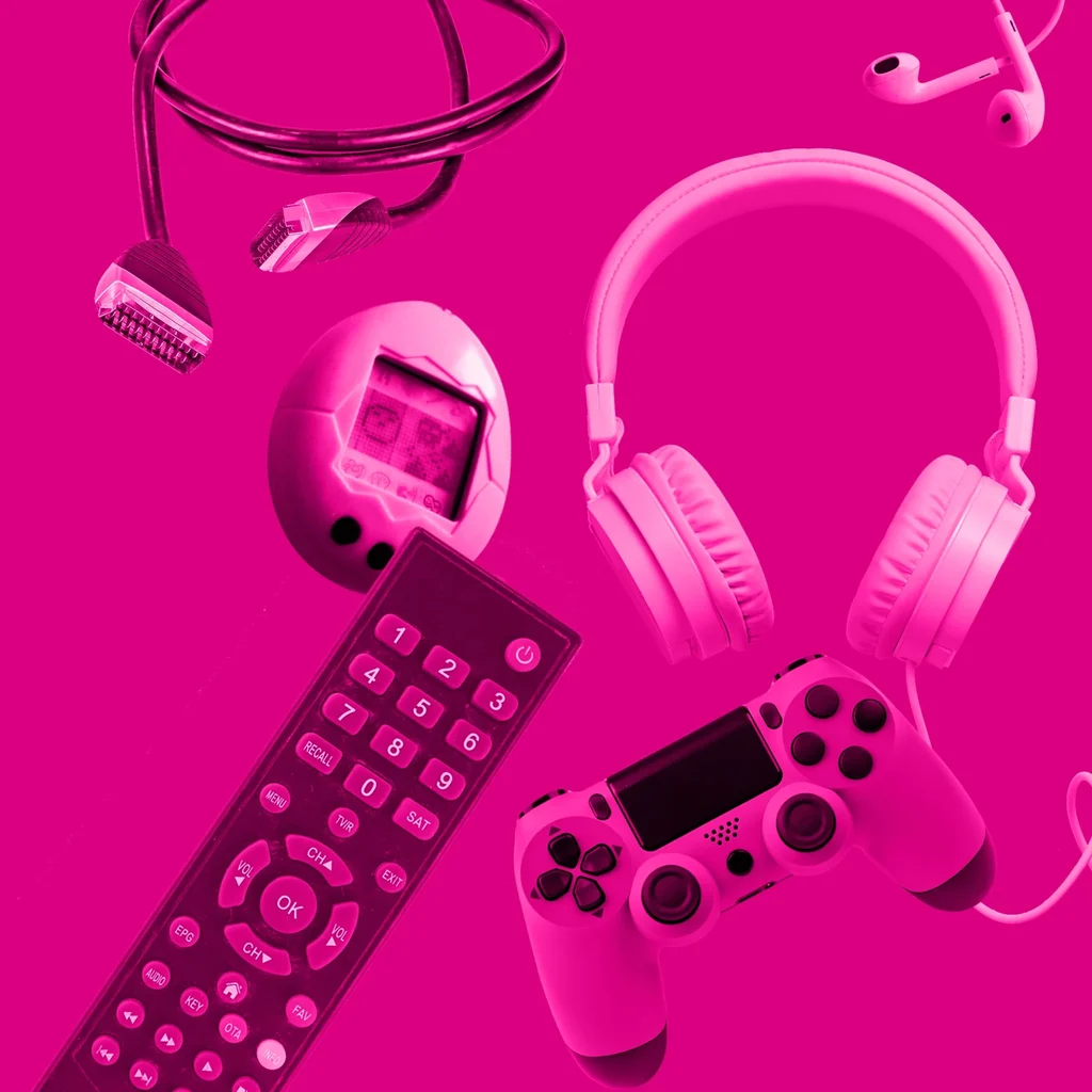 Floating electrical items in a pink haze against a bright pink background