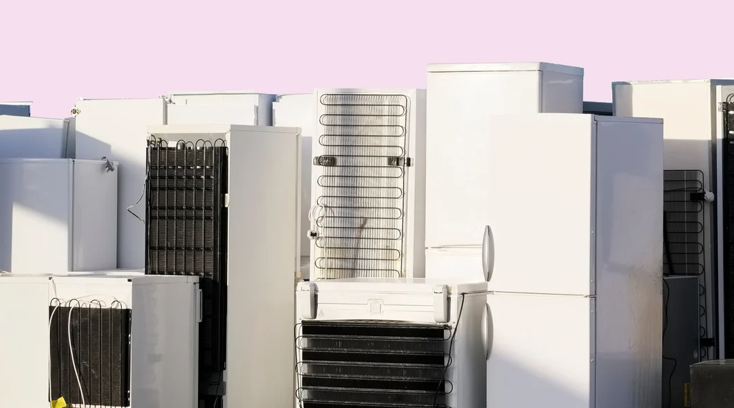 rows of old fridges to be recycled in front of a pale pink background