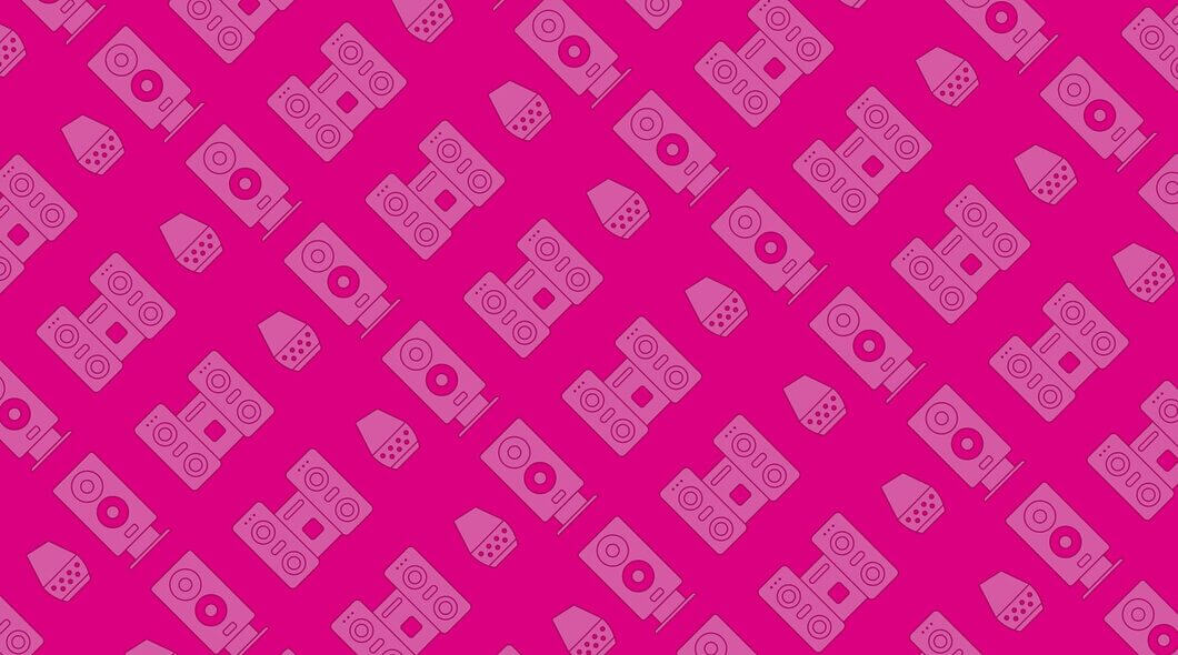 Graphic of rows of speakers in pink against a pink backdrop, in a wallpaper style