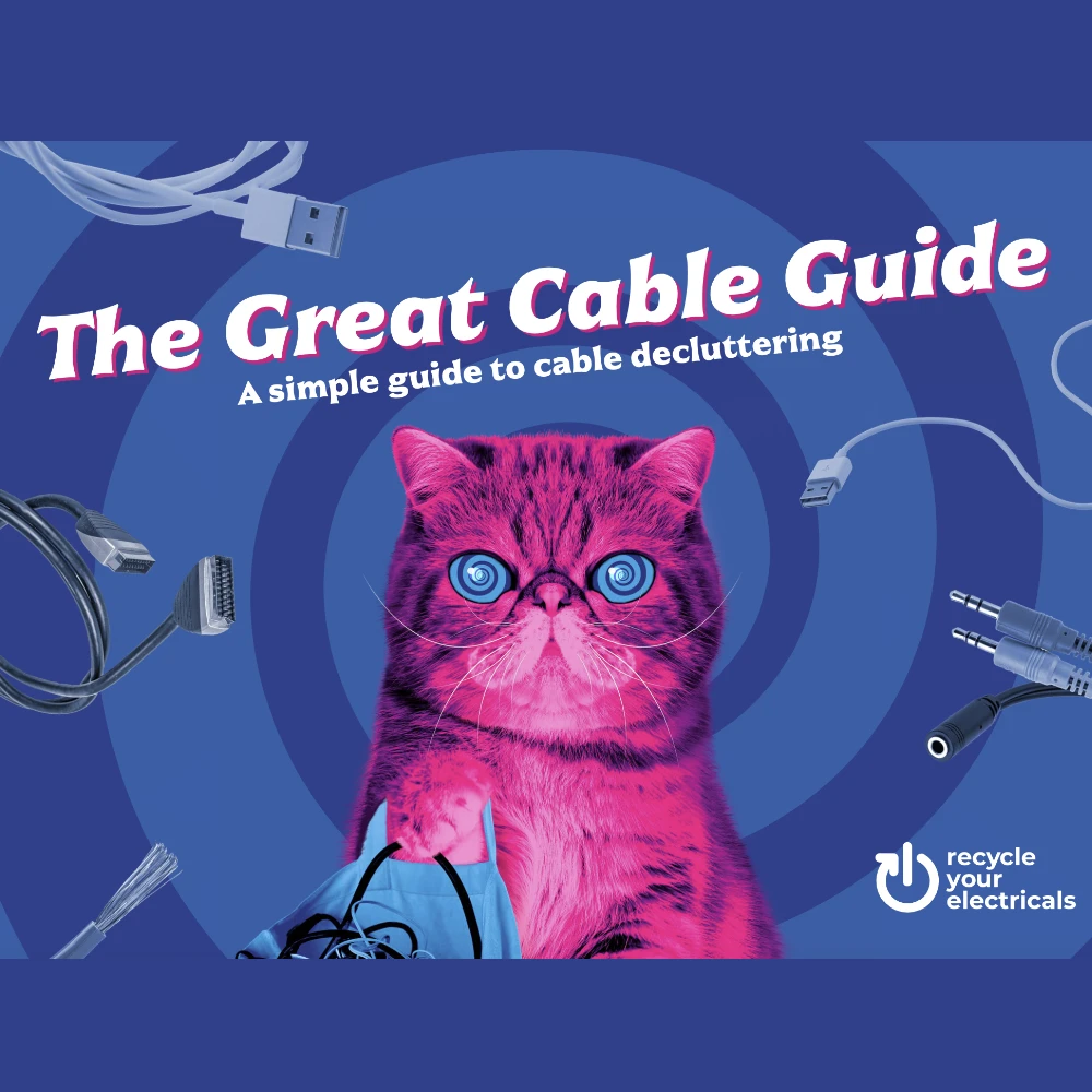 a cover for the great cable guide featuring HypnoCat - a pink fluffy persian cat with a blue swirling background and various small electrical devices swirling around his head