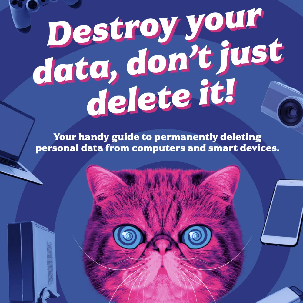 a cover for the data deletion guide featuring HypnoCat - a pink fluffy persian cat with a blue swirling background and various small electrical devices swirling around his head