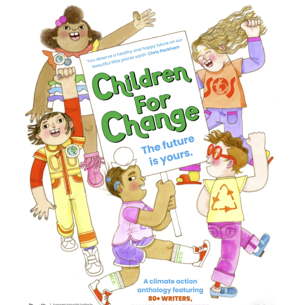 a cover for the Children for change book featuring many cartoon children dressed in bright colours